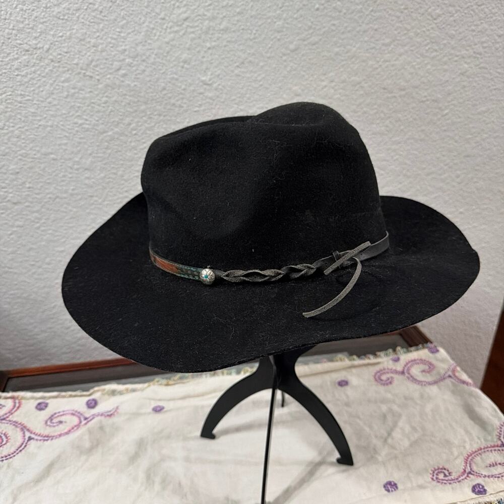Black Fedora Wool Hat with Braided Band and Silver Accent Size Large